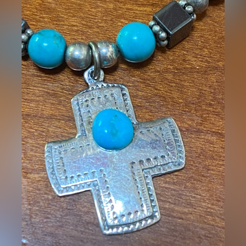 Turquoise and Silver Cross Pendant Necklace 18”